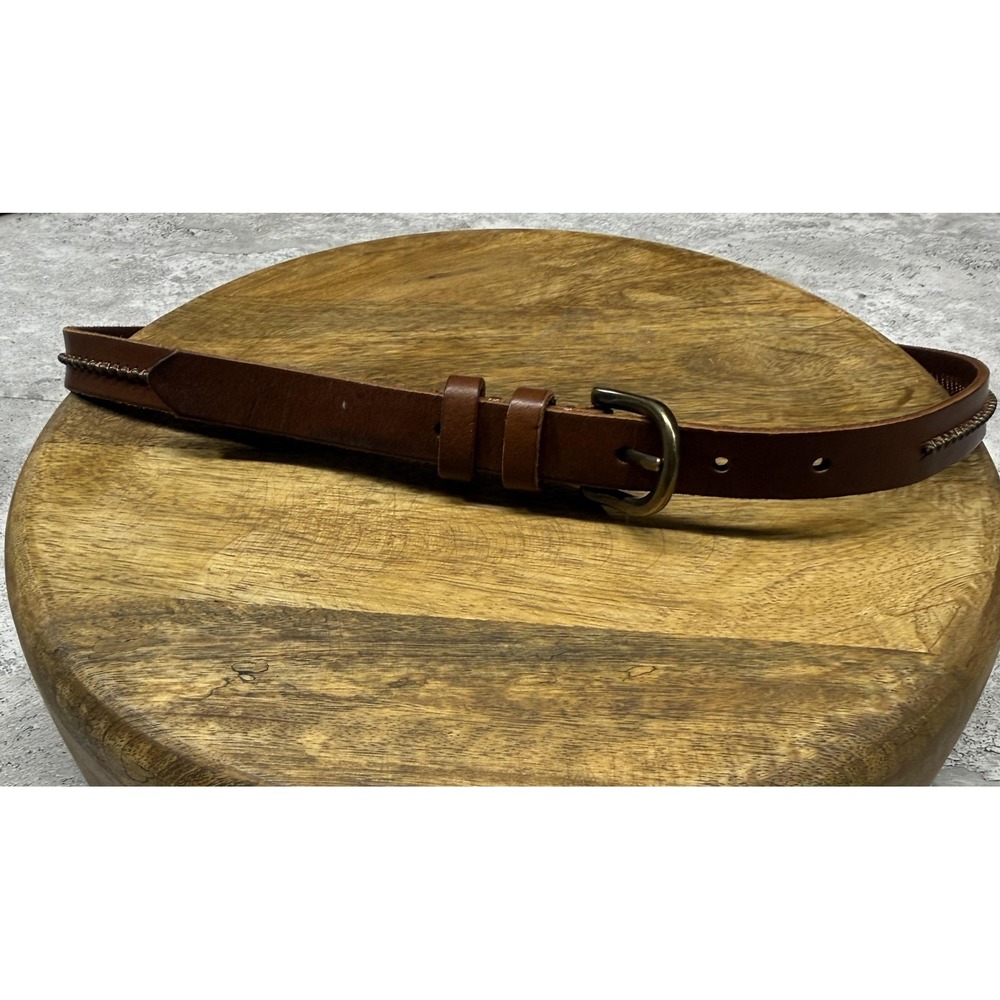 Express Belt Women Small Brown Genuine Leather Zigzag Stitch Buckle Casual 32-34